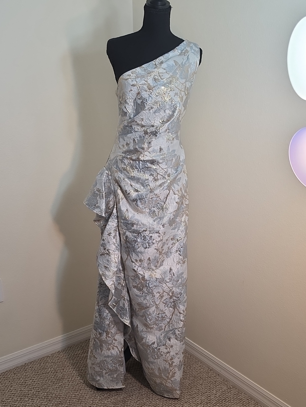 Xscape One-Shoulder Silver Floral Metallic Gown